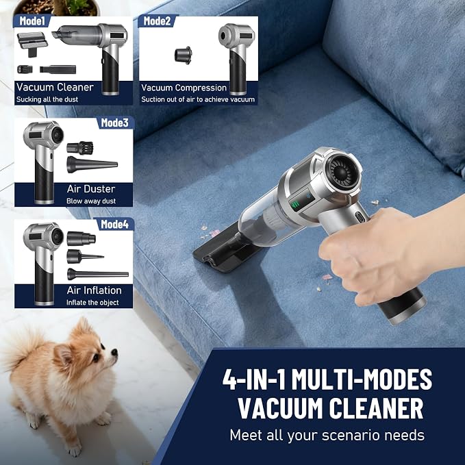 HONEYEYEAR Handheld Vacuum Cleaner, 16000Pa Car Vacuum Cleaner Cordless, 4-in-1 Powerful Car Hoover, 80000 RPM Brushless Motor, 30 Min Runtime, 3 Speed, USB-C Charging, for Home Pet Hair Cleaning