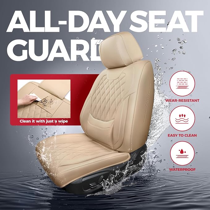 FREESOO Beige Car Seat Cover Full Set - Faux Nappa Leather Seat Covers for Cars, Ultra Breathable Waterproof Front Seats Cushion Protectors with Lumbar Support, Universal Fit for Sedans SUVs Pickups