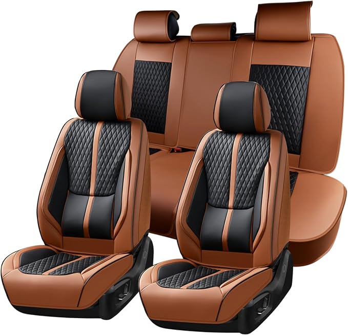Huidasource Seat Covers, Luxury Nappa Leather Car Seat Covers Full Set with Velcro Adjustable, Airbag, Lumbar Support, Cooling＆Heating, Brown Car Seat Cover Fit for Most Cars SUV Trucks, Brown＆Black