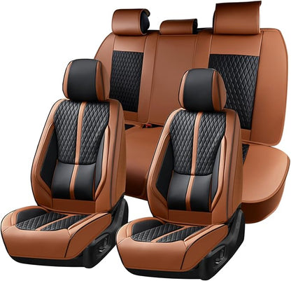 Huidasource Seat Covers, Luxury Nappa Leather Car Seat Covers Full Set with Velcro Adjustable, Airbag, Lumbar Support, Cooling＆Heating, Brown Car Seat Cover Fit for Most Cars SUV Trucks, Brown＆Black