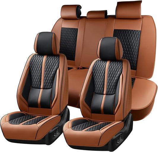 Huidasource Seat Covers, Luxury Nappa Leather Car Seat Covers Full Set with Velcro Adjustable, Airbag, Lumbar Support, Cooling＆Heating, Brown Car Seat Cover Fit for Most Cars SUV Trucks, Brown＆Black