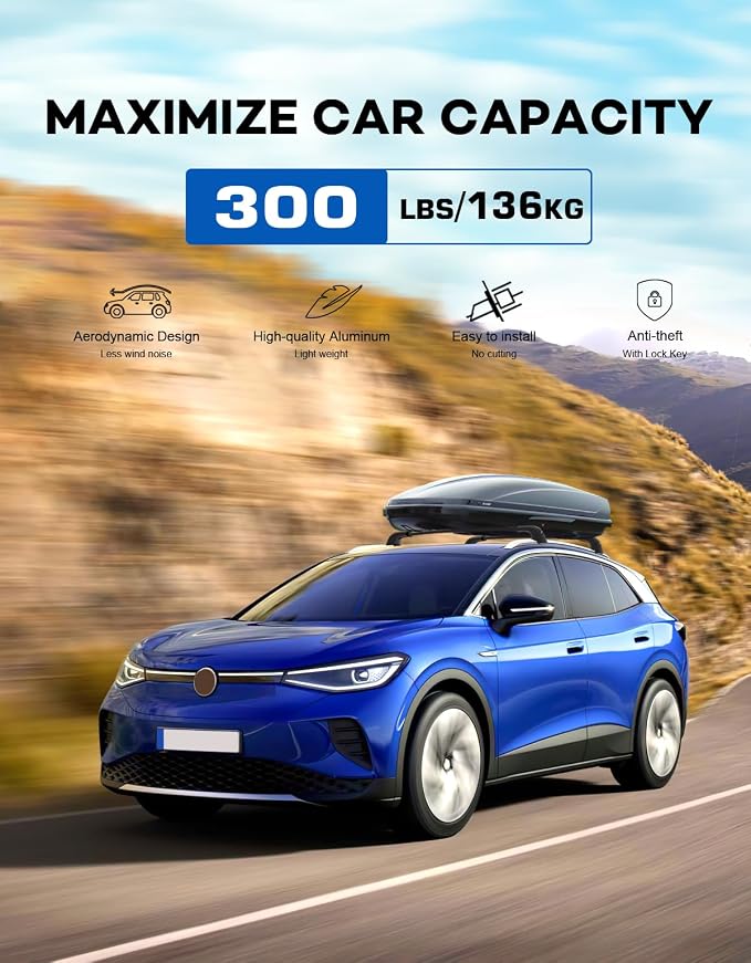Wonderdriver Roof Rack Cross Bars 300lbs Compatible with Volkswagen VW ID4 ID.4 2021-2026, Lockable Heavy Duty Aluminum Roof Rails Crossbars Cargo Canoe Black Rooftop Cargo Carrier.