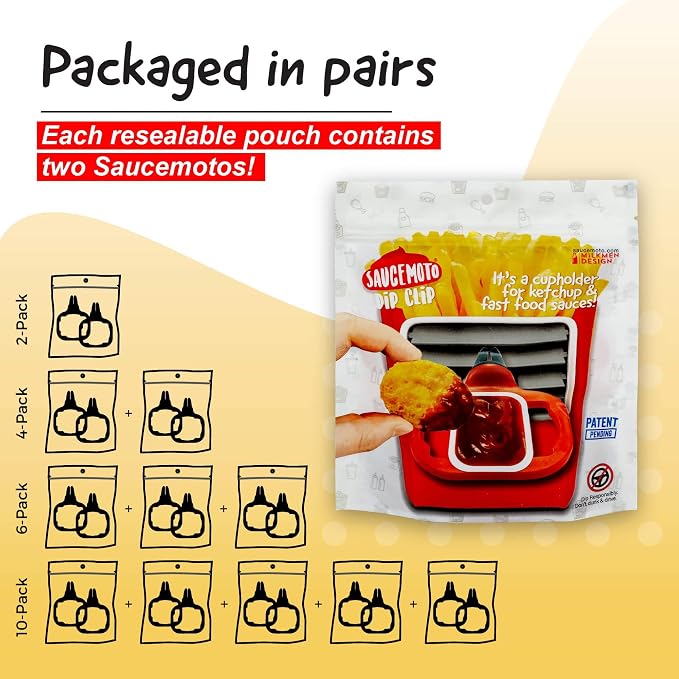 Saucemoto Dip Clip | an in-car Sauce Holder for Ketchup and Dipping sauces. As seen on Shark Tank (6 Pack Assortment, Black, Red, Gray)
