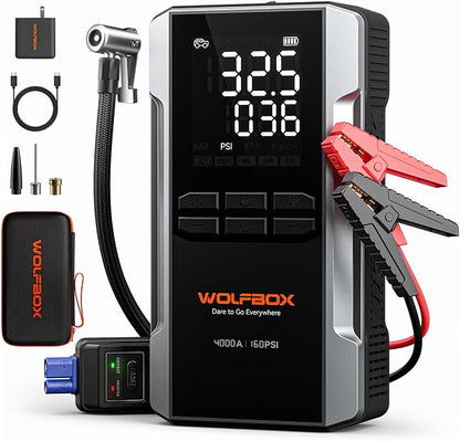 WOLFBOX 4000A Jump Starter with Air Compressor, 88.8Wh Car Battery Jumper Starter Portable(10L Gas/10L Diesel), 12V Booster Jump Box Pack with 160PSI Tire Inflator, 65W Fast Charger, Jumper Cables