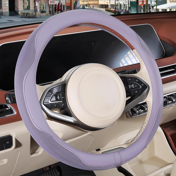 Nappa Leather Steering Wheel Cover, Advanced Microfiber Leather Non-Slip Breathable Fabric, Warm in Winter and Cool in Summer, Purple Large 15.5 inch to 16 inch