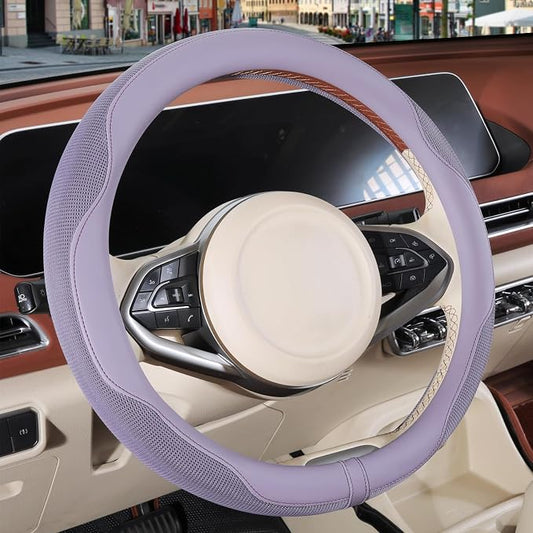 Nappa Leather Steering Wheel Cover, Advanced Microfiber Leather Non-Slip Breathable Fabric, Warm in Winter and Cool in Summer, Purple Large 15.5 inch to 16 inch