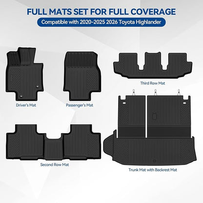 Custom Fit Floor Mats for 2020-2025 2026 Toyota Highlander, All Weather TPE Floor Liners with Trunk Mat, Odorless Full Set Interior Accessories
