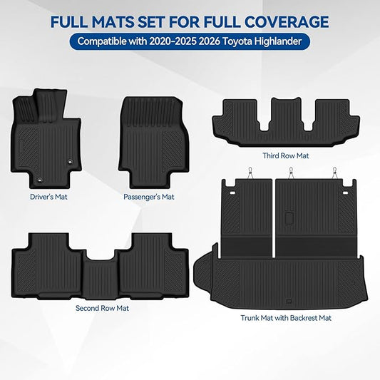 Custom Fit Floor Mats for 2020-2025 2026 Toyota Highlander, All Weather TPE Floor Liners with Trunk Mat, Odorless Full Set Interior Accessories