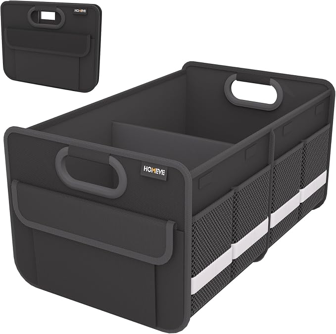 Homeve Trunk Organizer, Car Storage, Reinforced Handles, Collapsible Multi-Compartment Car Organizers, Foldable, Waterproof, 2 Compartments, Suitable for Car Accessories, SUV (Black, Standard)