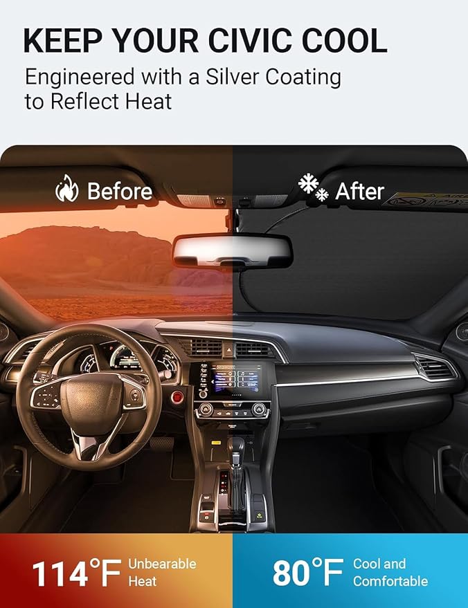 Proadsy 2026 Upgrade Windshield Sun Shade Custom Fit Honda Civic 2016-2021 4-Layer Foldable Front Sunshade Protector Sun Visor Blocks UV Rays Keep Car Cooler Accessories