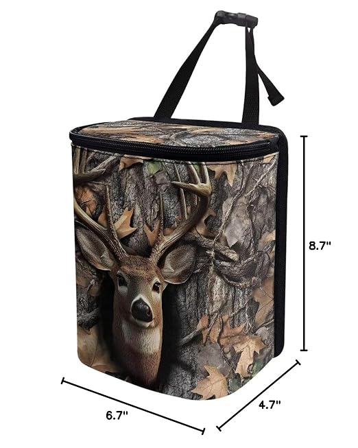 Hunting Deer Forest Camo Print Car Trash Can with Lid and Zipper Portable Foldable Garbage Can Hanging for Headrest Leakproof Organizer and Storage Bag Car Accessories