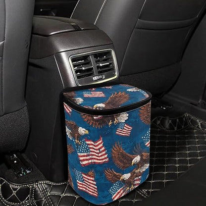 Talayituse Eagle American Flag Print Car Trash Bin, Large Size Auto Trash Can Adjustable Portable Garbage Can with Lid, Vehicle Hanging Bag for Headrest Front Back Seat 4th of July Decor