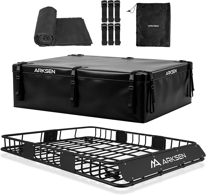 ARKSEN 64 x 50 x 6 Inch Universal Extra Wide 150LB Heavy Duty Roof Rack Cargo with 500D PVC Waterproof Cargo Bag, Car Top Luggage Holder Carrier Basket for SUV, Truck, & Car Steel Construction