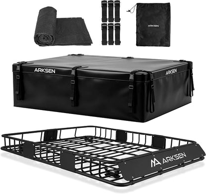 ARKSEN 64 x 50 x 6 Inch Universal Extra Wide 150LB Heavy Duty Roof Rack Cargo with 500D PVC Waterproof Cargo Bag, Car Top Luggage Holder Carrier Basket for SUV, Truck, & Car Steel Construction