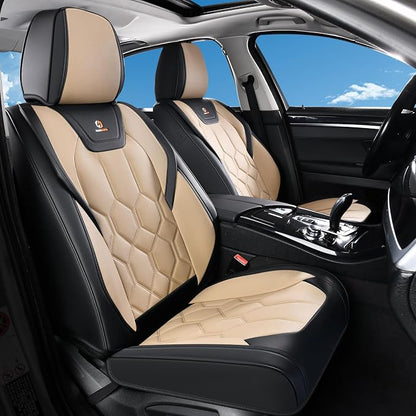 Huidasource Seat Covers Full Set, Universal Fit for Most Cars SUV Trucks, Full Coverage Leather Seat Cover, Airbag, Cupholder Compatible, Seat Function Retain, Easy Install with Velcro, Black & Beige