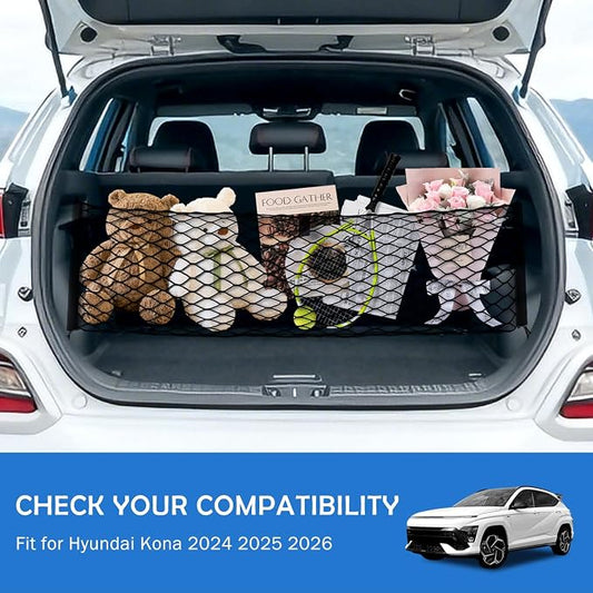 Envelope Style Cargo Net for Hyundai Kona 2024 2025 2026 Accessories, Rear Trunk SUV Mesh Cargo Net, Upgraded 5mm Bungee & Double-Layer Nylon Storage Tailgate Netting Grocery&Tools Holder Organizer