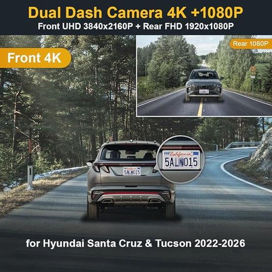 Fitcamx Front 4K+Rear 1080P Dash Cam Adapts for Hyundai Santa Cruz & Tucson 2022-2026 (Part NO#N9000), Integrated OEM Look, Dual HD Video, WiFi & APP, Loop Recording, G-Sensor, Easy to Use, 128GB Card