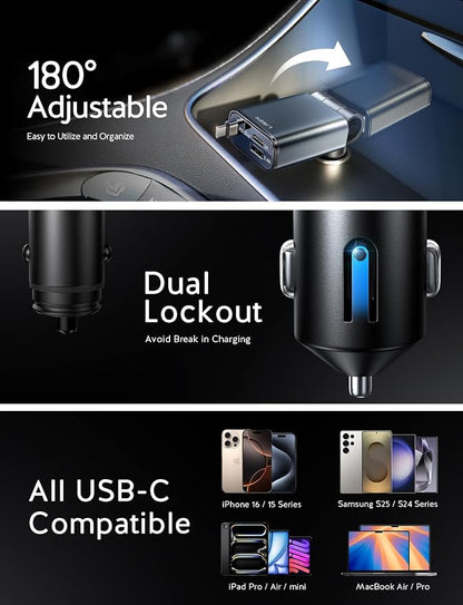LISEN Retractable Car Charger USB C, [Upgraded 72W Max] | Car Accessories，Gifts for Men Women Him Her Car Charger for iPhone/Android Truck RV Electronics