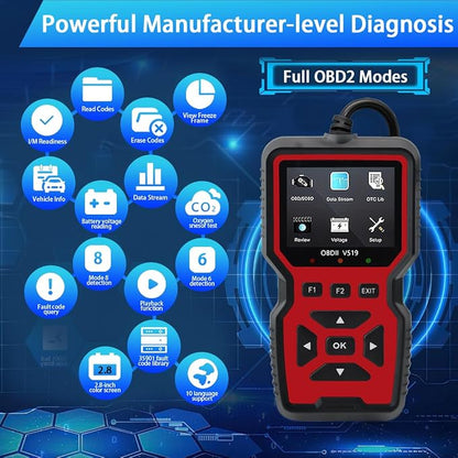 2025 New OBD2 Scanner Diagnostic Tool - Check Engine Light Code Reader with Reset, Battery Voltage Tester, Modes 6 & 8, Suitable for All OBD II Protocol Car & Truck Since 1996