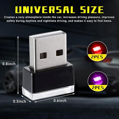 Augeny 4 PCS USB LED Car Interior Atmosphere Lamp, Plug-in USB Decor Night Light, Portable Auto Ambient Lighting Kit, Universal Vehicle Interior Accessories for Most Cars (2 Red+2 Purple)