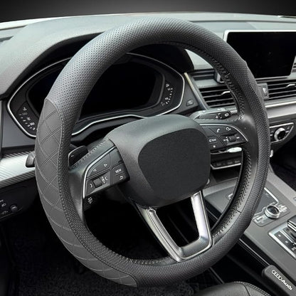 LKWLIKEI Nappa Leather Steering Wheel Cover, Elegant Diamond Checkered Design, Non-Slip wear-Resistant, Enhance Driving Comfort, Suitable for Steering Wheel Diameter 14 1/2‘-15’ Models.Black