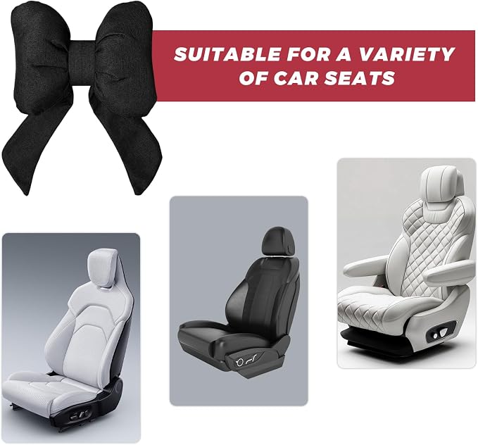 Cute Bow Car Headrest Pillow, Soft Comfortable Bow Auto Seat Pillow with Adjustable Strap, Breathable Ergonomic Neck Support Cushion Bowtie Decoration for Most Vehicles (Black)