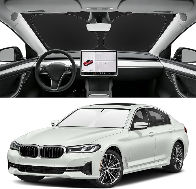 Custom Fit Windshield Sun Shade for BMW 5-Series 2018-2024, Blocks UV & Heat, Front Window Sunshade Accessorie, Easy Fold & Store Keep Your Car Cooler