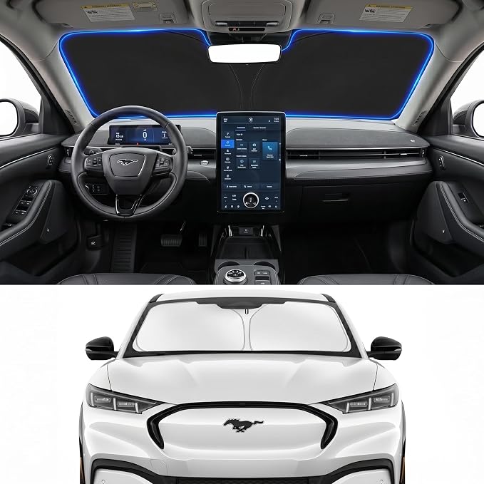 Custom Fit Windshield Sun Shade for Ford Mustang Mach E 2021-2026 | Custom Fit Windshield Cover, Blocks UV Rays, Double-Layer Heat Shield, Durable Frame, Easy Fold & Storage