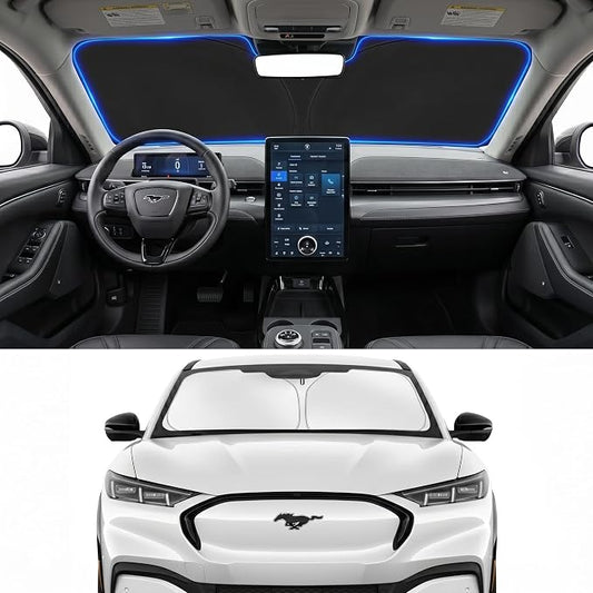 Custom Fit Windshield Sun Shade for Ford Mustang Mach E 2021-2026 | Custom Fit Windshield Cover, Blocks UV Rays, Double-Layer Heat Shield, Durable Frame, Easy Fold & Storage