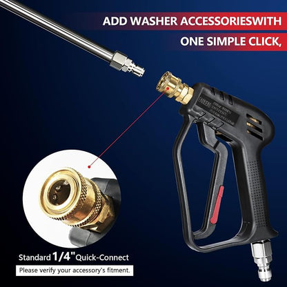 Short Pressure Washer Gun with Swivel, 4000 PSI Power Washer Gun, M22 14mm/15mm & 3/8" QC Inlet, 1/4" Quick Connect for Foam Cannon, Car Wash, Patio & Driveway
