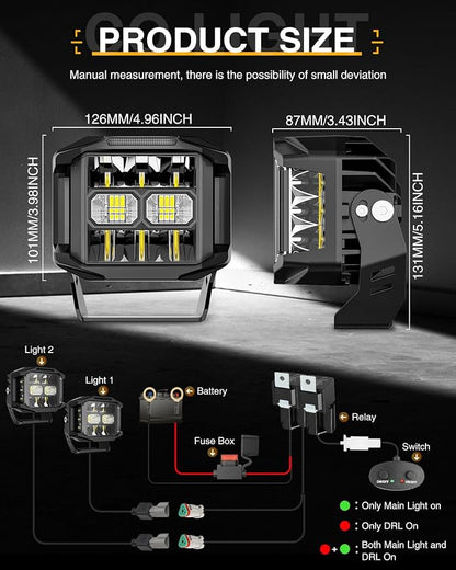 CO LIGHT 5 Inch 130W LED Cube Pods Offroad Driving Light with Side Shooter 11533LM Super Bright Square Offroad Lights with 270°Combo Beam Ditch Light White DRL for Offroad ATV Wrangler Truck Pickup