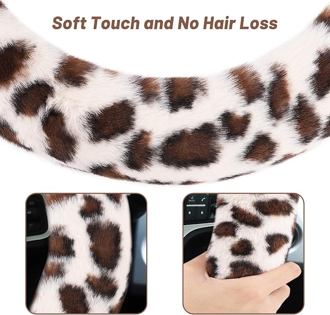 Fuzzy Steering Wheel Cover for Women Girls, Accmor Universal Fit 15 inch Fur Car Wheel Cover & Handbrake Cover & Gear Shift Cover Set, Fashion Leopard Winter Warm Fluffy Vehicle Wheel Protector