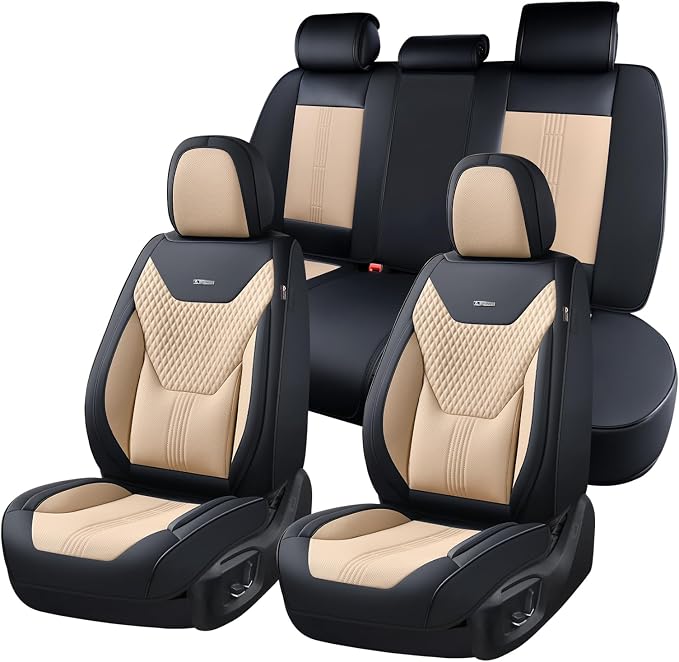 Coverado Car Seat Covers Full Set, Front Seat Covers with Lumbar Support and Back Seat Cover Waterproof Leather Automotive Seat Cover, Universal Car Interior Protectors Cushion for Most Cars
