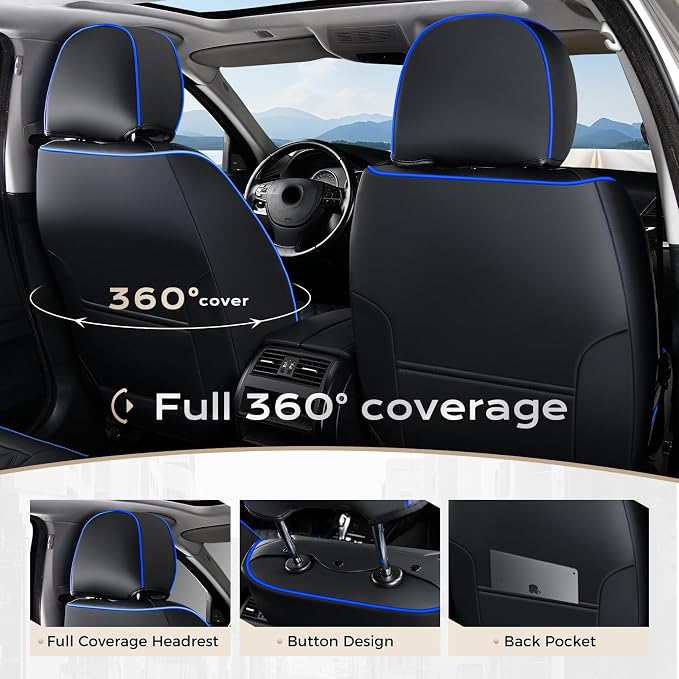 Coverado Full Set Car Seat Covers, Front & Back Luxury Faux Leather Waterproof Seat Covers,Car Seat Protectors, Universal Fit for Most Vehicles-Black & Blue