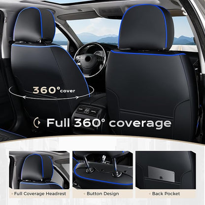 Coverado Full Set Car Seat Covers, Front & Back Luxury Faux Leather Waterproof Seat Covers,Car Seat Protectors, Universal Fit for Most Vehicles-Black & Blue