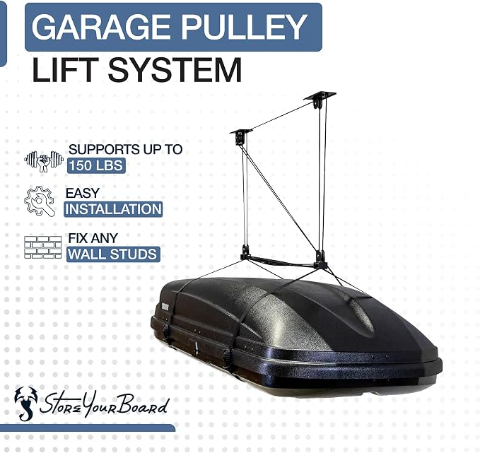StoreYourBoard Cargo Box Pulley System – Heavy-Duty Garage Hoist Lift for Rooftop Carriers – Garage Storage & Garage Organization Ceiling Hoist with Pulley – Holds 150 lbs - Fits 8–10 ft Ceilings