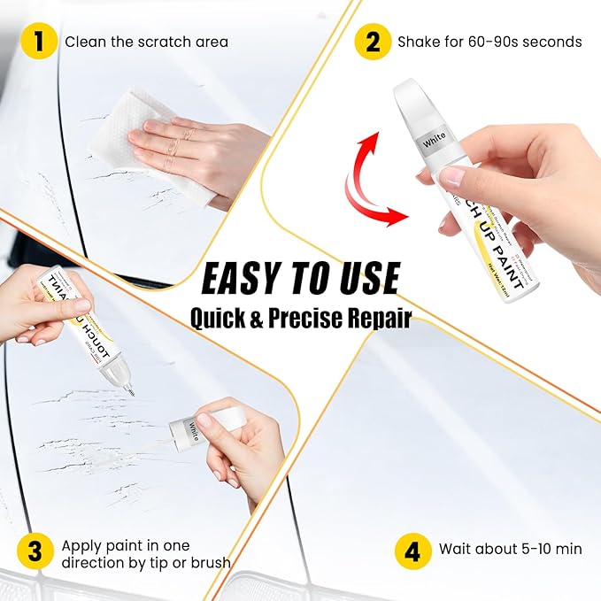 Pure White Touch Up Paint for cars, 2-in-1 Brush & Tip, 0.4 fl oz - Universal Car Scratch Repair Pen for Scratches & Scuffs, OEM Color Match, Quick-Dry & Long-Lasting
