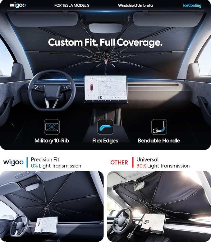 Wigoo Windshield Sun Shade Umbrella for Tesla Model 3 [100% Sun Blockage, Ice Cooling Fabric] Reflective Heat Insulation, Foldable Front Window Sunshade Umbrella for Tesla Model 3 2017–2026