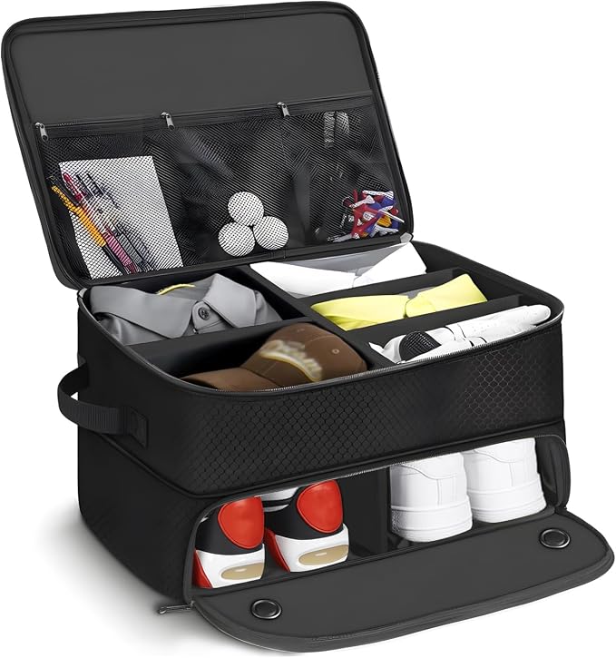 Golf Trunk Organizer 2 Layer with Separate Compartment for 2 Pair of Shoes, Golf Bag Storage for Car, Waterproof,Trunk Locker for Balls, Tees,Gloves