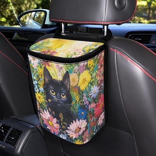 Talayituse Cat Daisy Print Car Trash Can Accessories Organizer Garbage Bag Dustbin Container with Lid Waste Basket Storage Pocket Hanging Large Size Vehicle Trash Bin