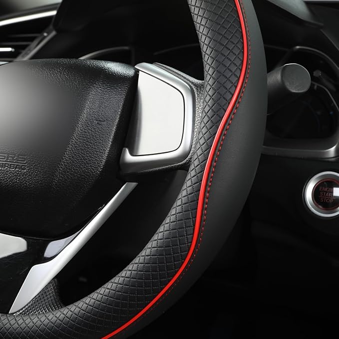 West Llama Microfiber Leather Car Steering Wheel Cover for Honda Accord Civic CR-V HR-V Pilot Fit Passport Odyssey,Sport Style,14.5-15 inch (Black+Red Line-Standrad Size)