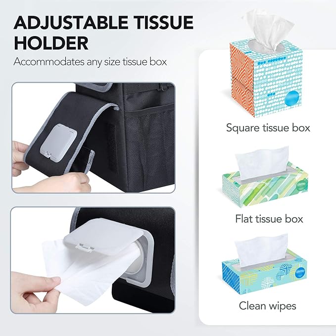 Farasla All-in-One Car Trash Can, Garbage Bag for Car with Removable Leakproof Interior Liner, Adjustable Tissue Holder & Straps(Black)