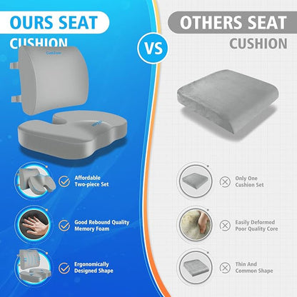 CushZone Ergonomic Seat Cushion & Lumbar Support Pillow - Memory Foam for Sciatica Pain Relief & Posture Correction, Non-Slip Chair Cushions for Office Chair/Car/Wheelchair/Travel, Light Grey