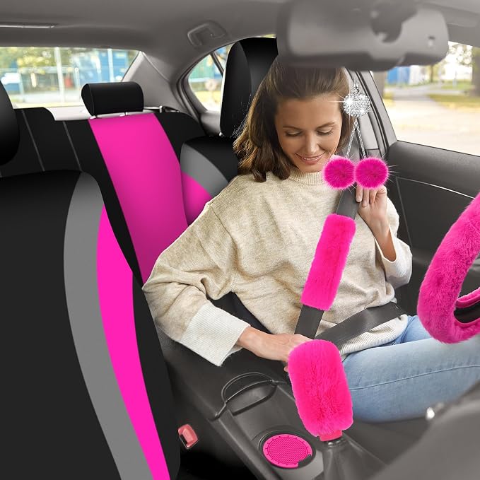 ROCEEI 43 Pcs Car Seat Cover Full Set for Women Christmas Fuzzy Car Accessories Fluffy Steering Wheel Cover Front Rear & Belt Handbrake Shift Accessory for Winter (Rose Red)