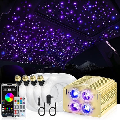 4 Colors 32W Twinkle Car Starlight Headliner Kit 800pcs*0.03in*13.1ft with APP&RF Remote, RGBW Fiber Optic Ceiling Star Lights, 4 Port Engine Sound Activated Star Roof Lights for Car Home Theater
