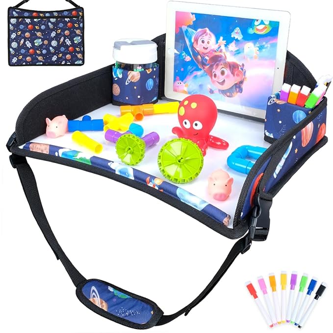 COOLBEBE Kids Travel Tray for Toddler Car Seat, Travel Tray for Airplane, Lap Tray with Storage, Portable Carseat Table Tray for Kids, Blue Space