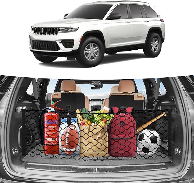 Canvcle Trunk Cargo Net for 2021-2026 Jeep Grand Cherokee L (7 Seats) Accessories Envelope Style Mesh Trunk Net Organizer and Storage Stretchable Adjustable Elastic Nylon Rear Cargo Netting with Hooks