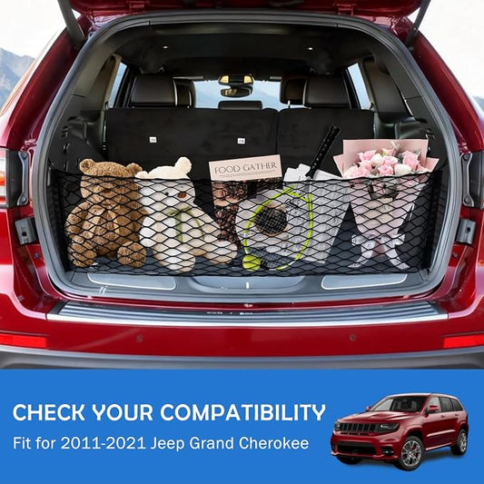 Envelope Style Cargo Net for 2011-2021 Jeep Grand Cherokee Accessories, Rear Trunk SUV Mesh Cargo Net, Upgraded 5mm Bungee & Double-Layer Nylon Storage Tailgate Netting Grocery&Tools Holder Organizer