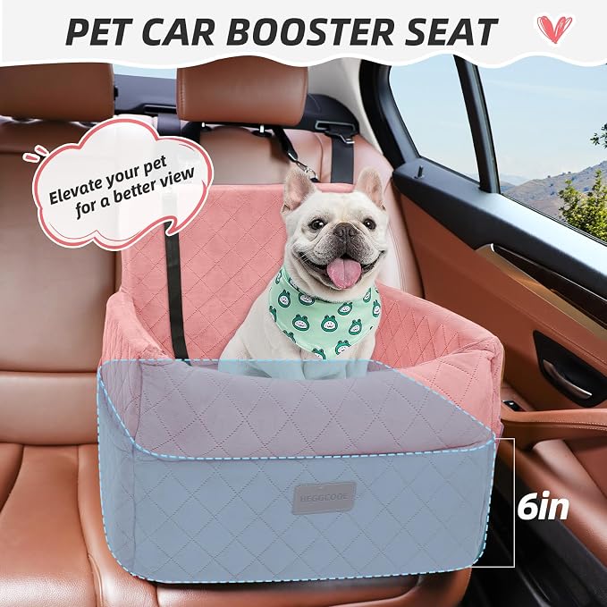 HEGGCOOE Dog Car Seat for Small Medium Dogs, Memory Foam Puppy Dog Booster Seat with Thick Cushion for Dogs Under 35lbs, Detachable Washable Pet Car Seat Travel Bed with Storage Pockets,2 Safety Belts