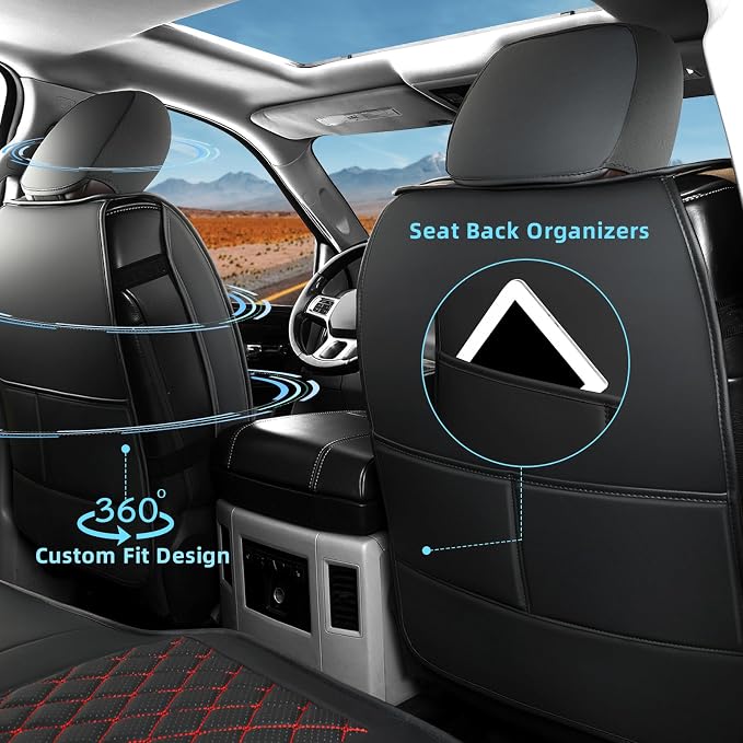 FREESOO Car Seat Covers Full Set for Dodge Ram 2002-2018 1500 & 2011-2026 2500 3500 Crew Quad Cab, 2019-2024 Ram 1500 Classic Leather Seat Cover, with Curved Bench, Black Red
